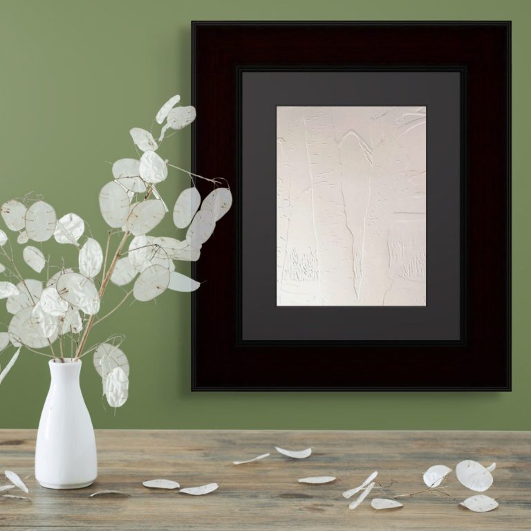 Gary Boyle, Limited edition Bas Relief Print A minimalistic framed artwork on a green wall with a vase of white leaves and scattered petals.